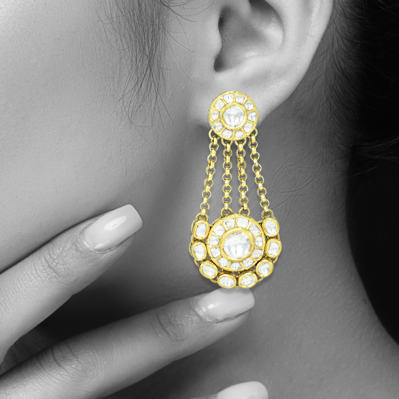 Polki Earrings with Chains in Ivory Finish